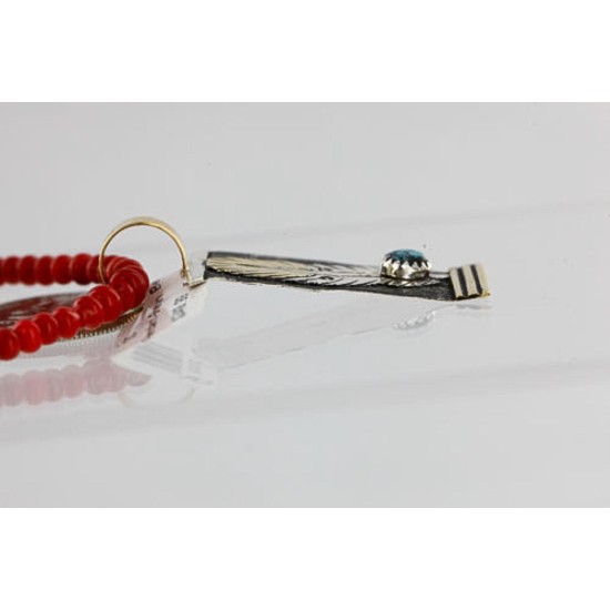 .925 Sterling Silver and 12kt Gold Filled HANDMADE Feather Certified Authentic Navajo Turquoise and Coral Native American Necklace 371102900292