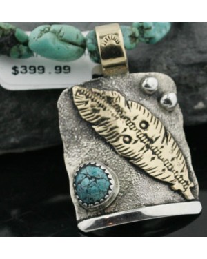 .925 Sterling Silver and 12kt Gold Filled Handmade Feather Certified Authentic Navajo Turquoise Native American Necklace 370973118733