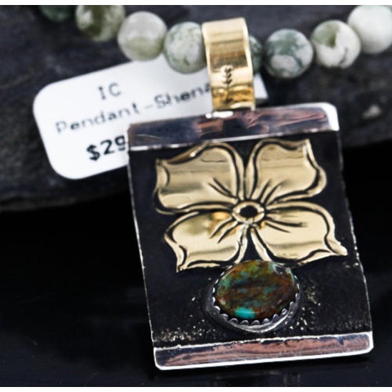 .925 Sterling Silver and 12kt Gold Filled Handmade FLOWER Certified Authentic Navajo Turquoise Native American Necklace 370985292568