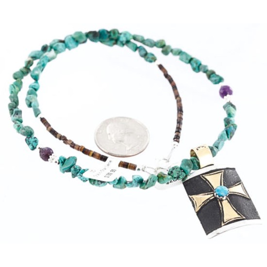 .925 Sterling Silver and 12kt Gold Filled Handmade FLOWER Certified Authentic Navajo Turquoise Native American Necklace 390775861880