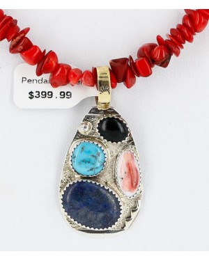 .925 sterling Silver and 12kt Gold Filled HANDMADE MULTI COLOR Certified Authentic Navajo Turquoise, Spiny Oyster, Coral and Onyx Native American Necklace 390890146219