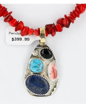 .925 sterling Silver and 12kt Gold Filled HANDMADE MULTI COLOR Navajo Turquoise, Spiny Oyster, Coral and Onyx Native American Necklace 390890146219