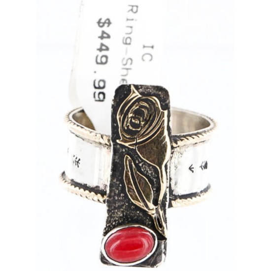 .925 Sterling Silver and 12kt Gold Filled Handmade ROSE ARROW Certified Authentic Navajo CORAL Native American Ring  371014416628