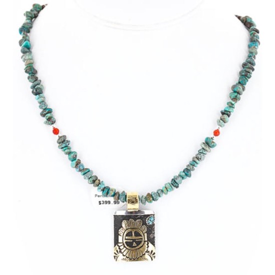.925 Sterling Silver and 12kt Gold Filled Handmade Sun Face Certified Authentic Navajo Turquoise Native American Necklace 390839495772