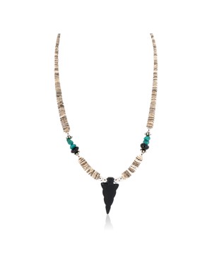 .925 Sterling Silver Arrow Certified Authentic Navajo Natural Turquoise Black Onyx Graduated Melon Shell Native American Necklace 750237-4