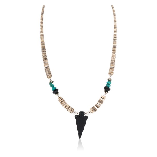 .925 Sterling Silver Arrow Certified Authentic Navajo Natural Turquoise Black Onyx Graduated Melon Shell Native American Necklace 750237-4
