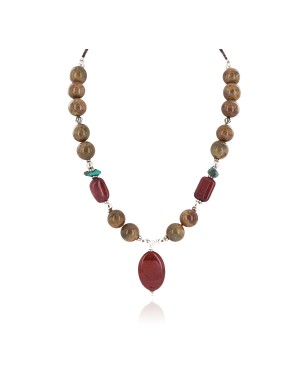 .925 Sterling Silver Arrow Certified Authentic Navajo Natural Turquoise Green Jasper Red Jasper Native American Necklace 750246-2