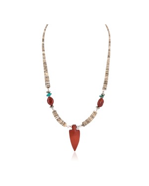 .925 Sterling Silver Arrow Certified Authentic Navajo Natural Turquoise Red Jasper Graduated Melon Shell Native American Necklace 750237-5