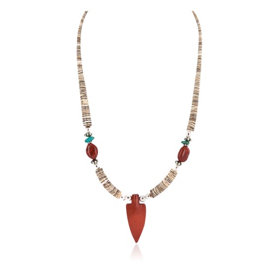 .925 Sterling Silver Arrow Certified Authentic Navajo Natural Turquoise Red Jasper Graduated Melon Shell Native American Necklace 750237-5 .925 Sterling Silver Arrow Certified Authentic Navajo Natural Turquoise Red Jasper Graduated Melon Shell Native American Necklace 750237-5