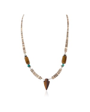.925 Sterling Silver Arrow Certified Authentic Navajo Natural Turquoise Tigers Eye Graduated Melon Shell Native American Necklace 750237-2