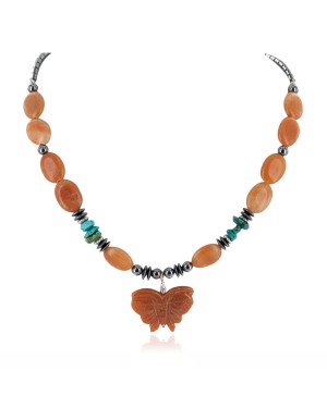 .925 Sterling Silver Butterfly Certified Authentic Navajo Natural Turquoise Agate Hematite Native American Necklace 750209-2