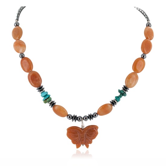 .925 Sterling Silver Butterfly Certified Authentic Navajo Natural Turquoise Agate Hematite Native American Necklace 750209-2