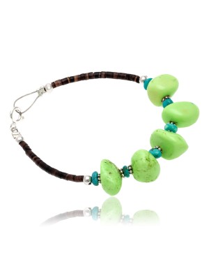 .925 Sterling Silver Certified Authentic Navajo Native American Natural Turquoise Gaspeite Link Bracelet 370991361925