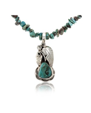 .925 Sterling Silver Certified Authentic Handmade Navajo Native American Natural Turquoise Necklace & Pendant 12551-29-15786