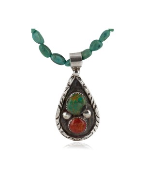 .925 Sterling Silver Certified Authentic Handmade Navajo Natural Turquoise Coral Native American Necklace 15033-15781