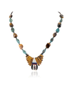 .925 Sterling Silver Certified Authentic Inlay Navajo Natural Turquiose Mother of Pearl and Tigers Eye Native American Necklace 15757-19