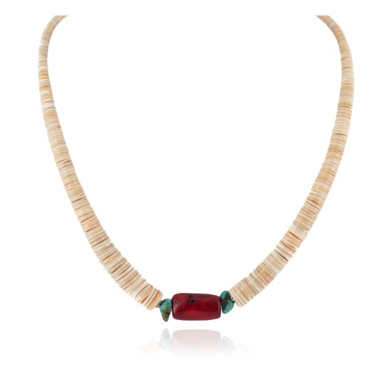 .925 Sterling Silver Certified Authentic Navajo Coral and Natural Turquoise Graduated Melon Shell Native American Necklace 95004-9