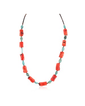 .925 Sterling Silver Certified Authentic Navajo Coral and Natural Turquoise Native American Necklace 17075