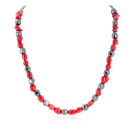 .925 Sterling Silver Certified Authentic Navajo Coral Natural Hematite Native American Necklace 25326