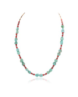 .925 Sterling Silver Certified Authentic Navajo Coral Natural Turquoise Native American Necklace 1579-14