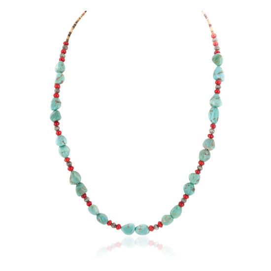 .925 Sterling Silver Certified Authentic Navajo Coral Natural Turquoise Native American Necklace 1579-14