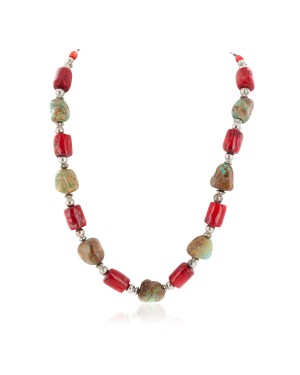 .925 Sterling Silver Certified Authentic Navajo Coral Natural Turquoise Native American Necklace 17076