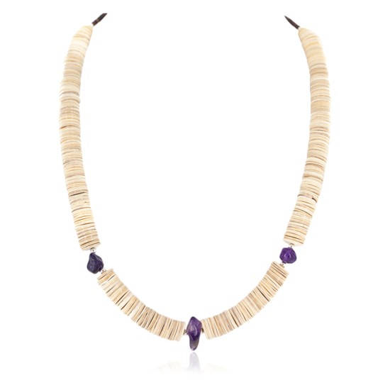 .925 Sterling Silver Certified Authentic Navajo Natural Amethyst Graduated Melon Shell Native American Necklace 750244
