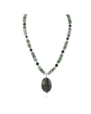 .925 Sterling Silver Certified Authentic Navajo Natural Green Jasper Black Onyx Native American Necklace 25339-3
