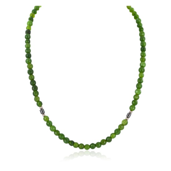 .925 Sterling Silver Certified Authentic Navajo Natural Green Quartz Hematite Native American Necklace 16076-11