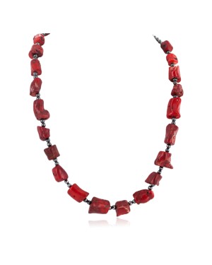 .925 Sterling Silver Certified Authentic Navajo Natural Hematite Coral Native American Necklace 750232-5