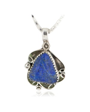 .925 Sterling Silver Certified Authentic Navajo Natural Lapis Native American Necklace 12908-7