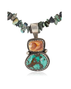 .925 Sterling Silver Certified Authentic Navajo Natural Spiderweb and Turquoise Spiny Oyster Native American Necklace 740104-49-102247