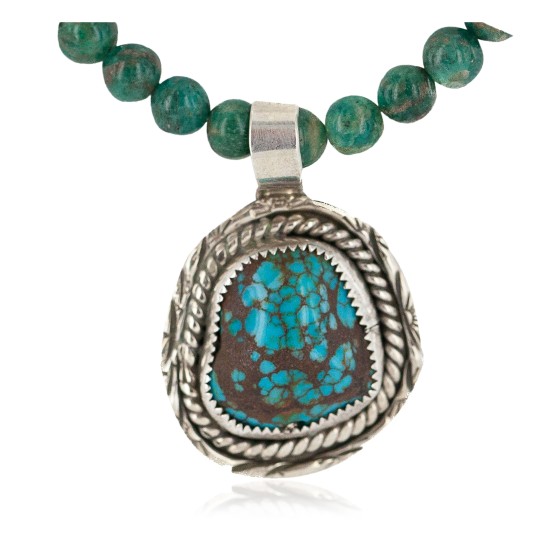 .925 Sterling Silver Certified Authentic Navajo Natural Spiderweb Turquoise Agate Native American Necklace 18281-3-18278