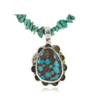 .925 Sterling Silver Certified Authentic Navajo Natural Spiderweb Turquoise Coral Native American Necklace 18282-1-1601-10