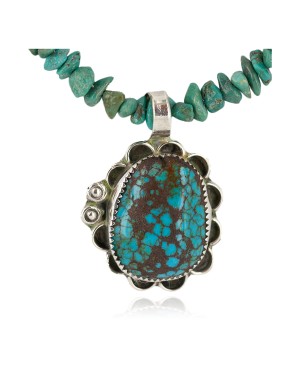 .925 Sterling Silver Certified Authentic Navajo Natural Spiderweb Turquoise Coral Native American Necklace 18282-2-1601-10