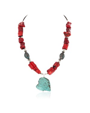 .925 Sterling Silver Certified Authentic Navajo Natural Spiderweb Turquoise Coral Native American Necklace 24511-2