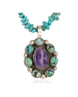 .925 Sterling Silver Certified Authentic Navajo Natural Spiderweb Turquoise Purple Spiny Oyster Native American Necklace 15608-15370