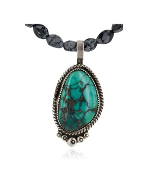.925 Sterling Silver Certified Authentic Navajo Natural Spiderweb Turquoise Snowflake Obsidian Native American Necklace 12674-15814