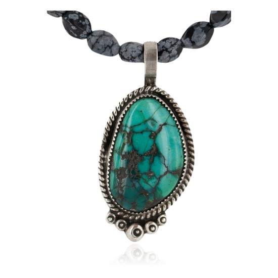 .925 Sterling Silver Certified Authentic Navajo Natural Spiderweb Turquoise Snowflake Obsidian Native American Necklace 12674-15814 .925 Sterling Silver Certified Authentic Navajo Natural Spiderweb Turquoise Snowflake Obsidian Native American Necklace 12674-15814