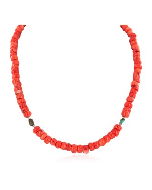 .925 Sterling Silver Certified Authentic Navajo Natural Turquoiose Coral Native American Necklace 750220