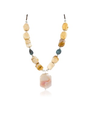 .925 Sterling Silver Certified Authentic Navajo Natural Turquoise Agate Jasper Native American Necklace 750246-1