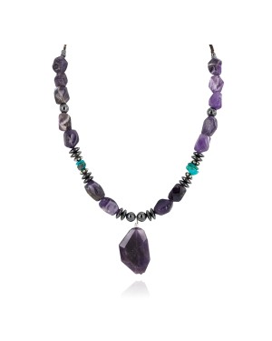 .925 Sterling Silver Certified Authentic Navajo Natural Turquoise Amethyst Hematite Native American Necklace 750230-1