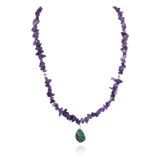 .925 Sterling Silver Certified Authentic Navajo Natural Turquoise Amethyst Native American Necklace 750225-1