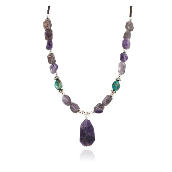 .925 Sterling Silver Certified Authentic Navajo Natural Turquoise Amethyst Native American Necklace 750230-2