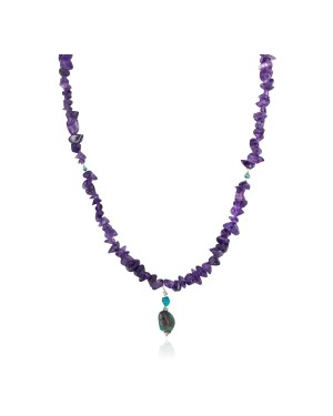 .925 Sterling Silver Certified Authentic Navajo Natural Turquoise Amethyst Native American Necklace  750232-1