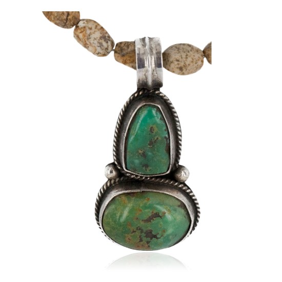 .925 Sterling Silver Certified Authentic Navajo Natural Turquoise and Jasper Native American Necklace 740104-13-15794