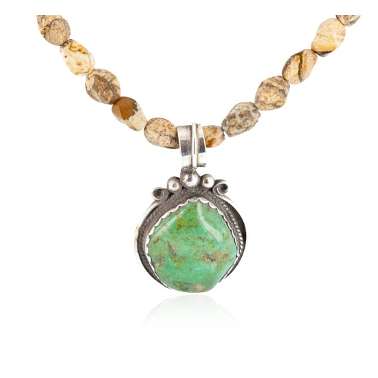 .925 Sterling Silver Certified Authentic Navajo Natural Turquoise and Jasper Native American Necklace 740104-14-1585