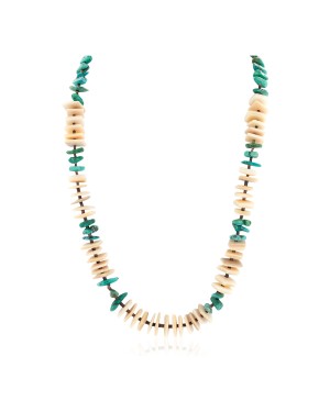.925 Sterling Silver Certified Authentic Navajo Natural Turquoise and Melon Shell Native American Necklace 15567-08