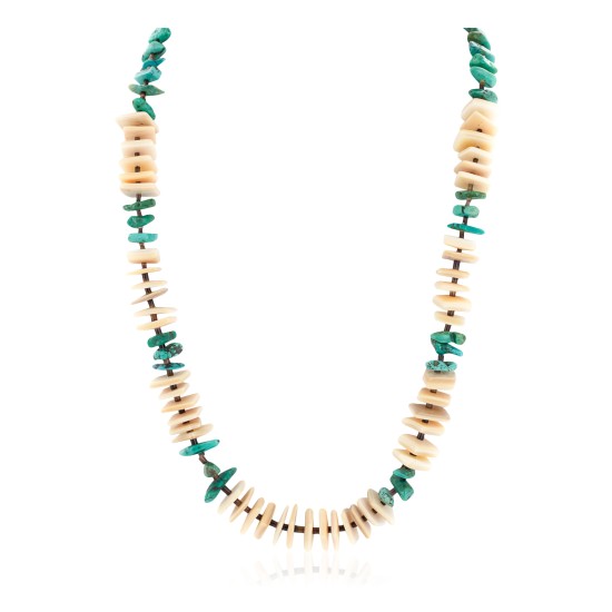 .925 Sterling Silver Certified Authentic Navajo Natural Turquoise and Melon Shell Native American Necklace 15567-08