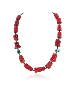 .925 Sterling Silver Certified Authentic Navajo Natural Turquoise Coral Hematite Native American Necklace 24511-1